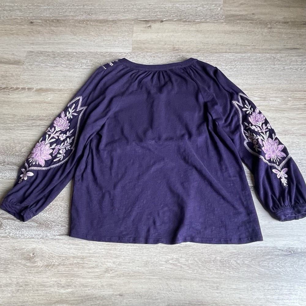 J Jill Womens Embroidered Peasant Top Small Petite Purple Floral V-Neck Boho - Picture 7 of 8